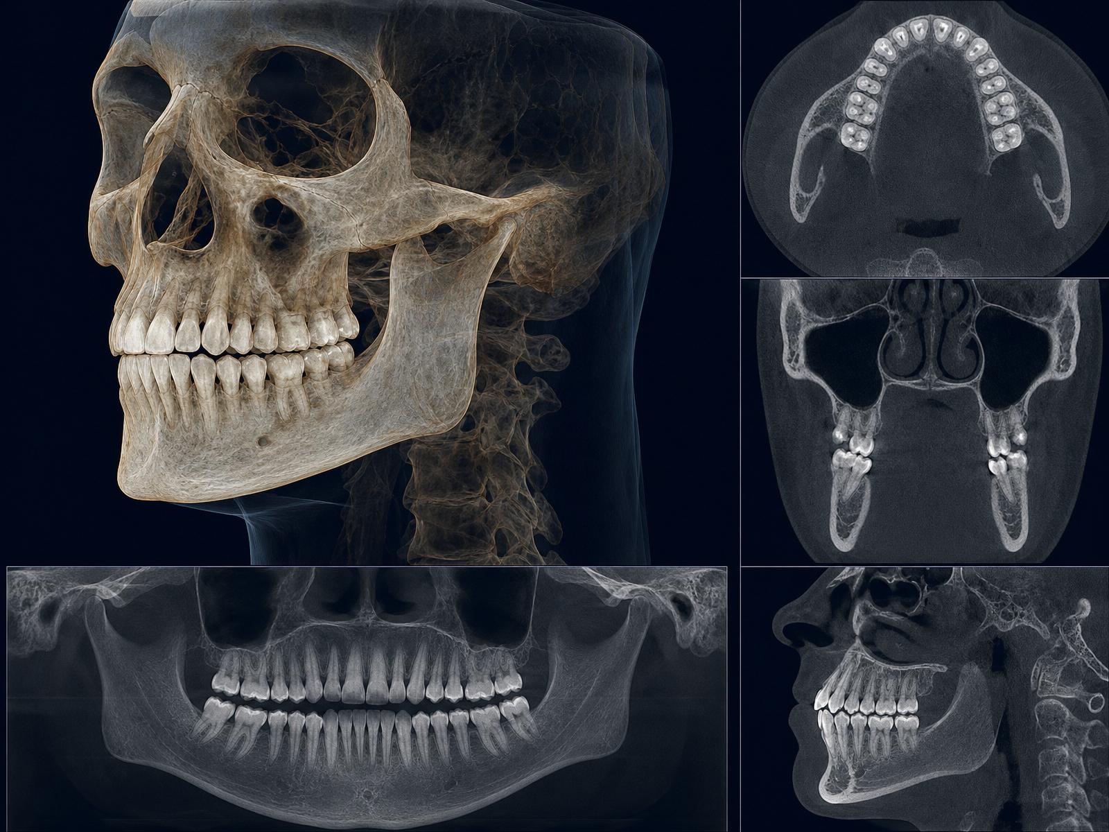 3D CBCT scan of maxilla and mandible with cross-sectional views